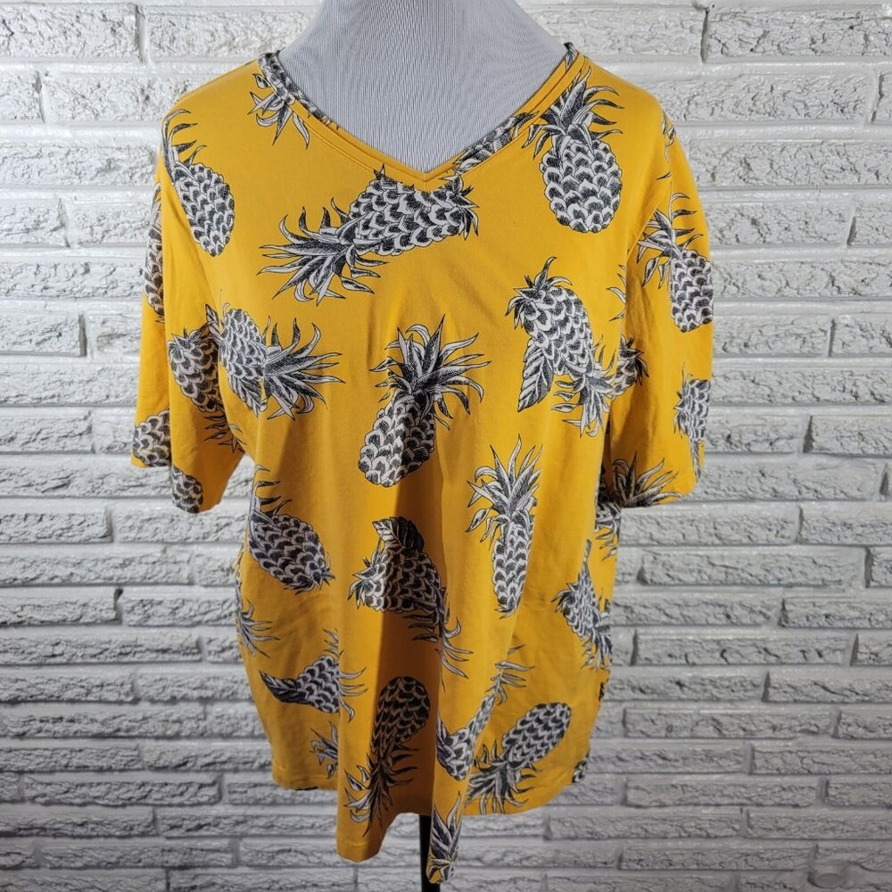 CJ Banks 1X Yellow Pineapple Print V-Neck Top Cotton Stretch Plus Size  NOV87XE